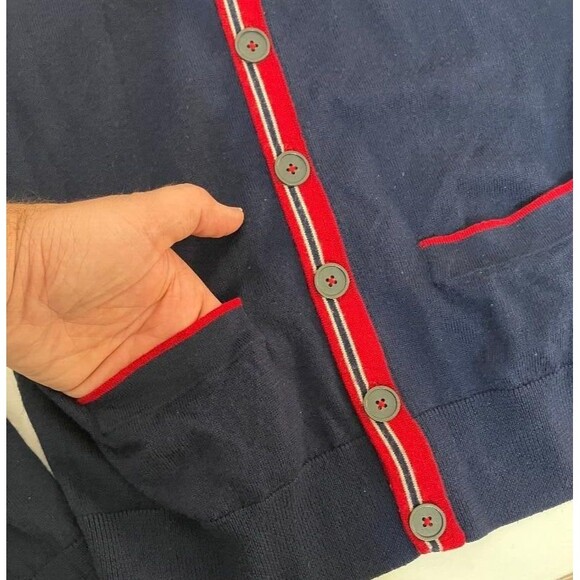 CARDIGAN 100% Merino Wool Men's Cardigan Navy Blue Red Stripe Button Sweater M - Picture 8 of 11